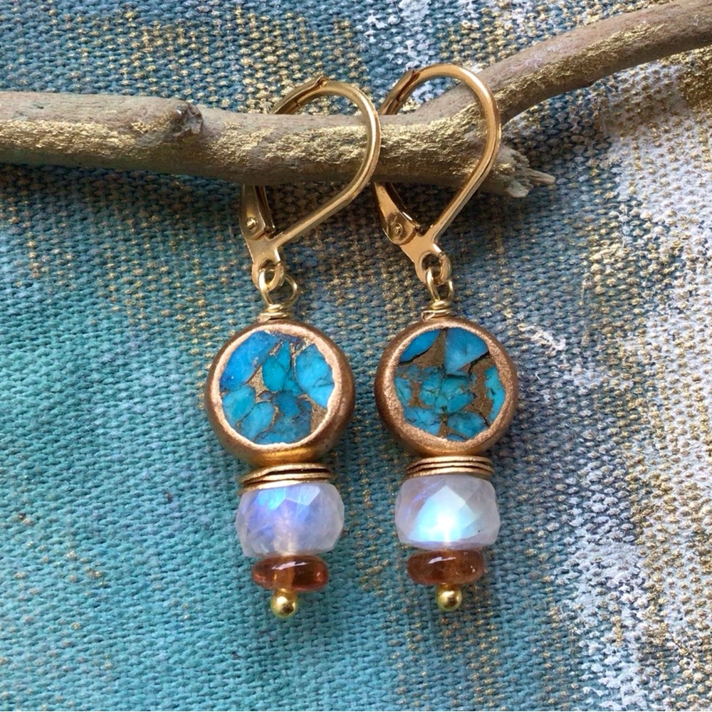 Turquoise Moonstone Gold Edge Sundance Charm Earrings